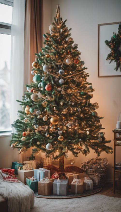 An indoor Christmas tree, shimmering brightly with festive decorations, in a cozy living room. Tapeet [60423d4b01974f9fb2c8]