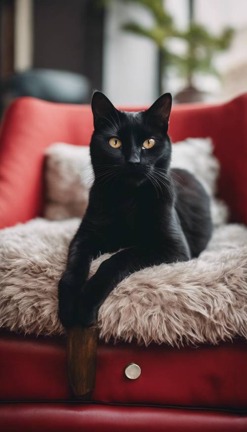 Un gatto nero con il petto e le zampe bianchi, sdraiato pigramente su una comoda poltrona rossa.