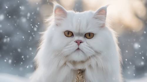 눈 내리는 풍경 속에서 당당한 포즈를 취하고 있는 순백의 페르시아 고양이.