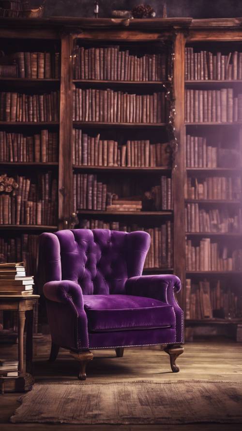A purple velvet armchair situated near a rustic wooden bookshelf filled with old books.