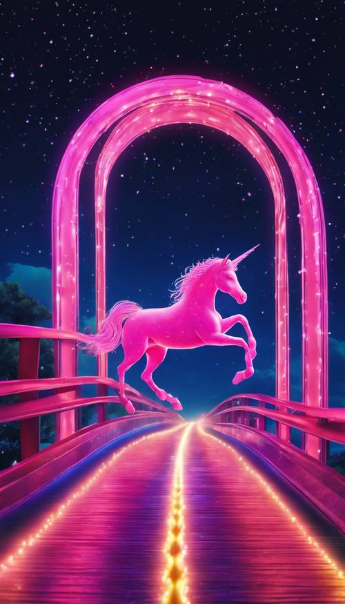 Un unicorno rosa neon che corre su un abbagliante ponte arcobaleno nel cielo notturno.