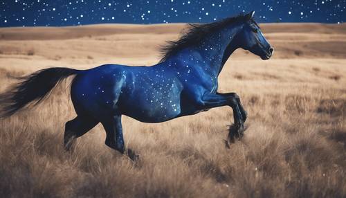 Un cavallo blu che corre libero attraverso le pianure sotto un vasto cielo stellato.