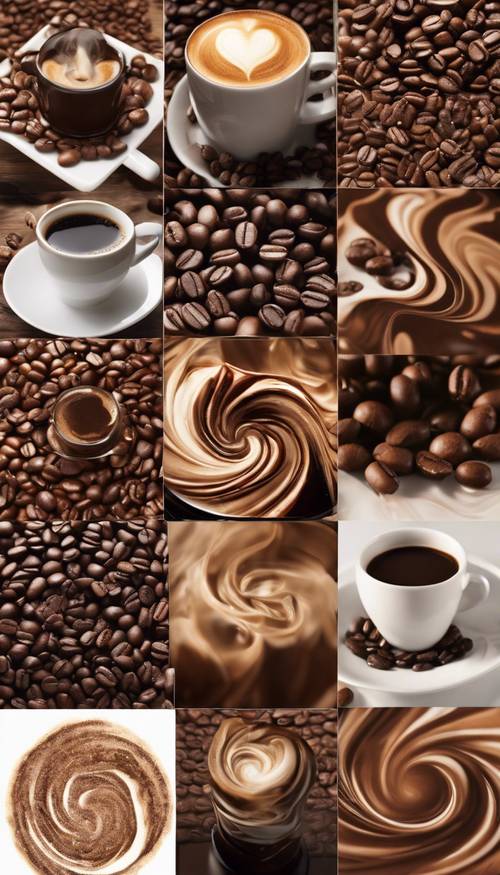 Un collage diversificato di motivi vorticosi di caffè, dal marrone chiaro setoso alle sfumature profonde dell&#39;espresso.