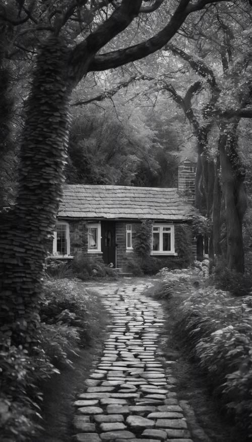 Um caminho de tijolos preto e branco que leva a uma pequena cabana distante
