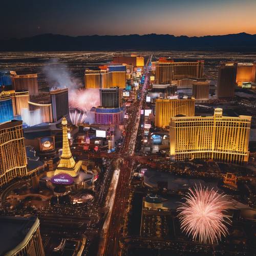 Uma vista aérea deslumbrante da Las Vegas Strip iluminada com fogos de artifício, celebrando a véspera de Ano Novo.