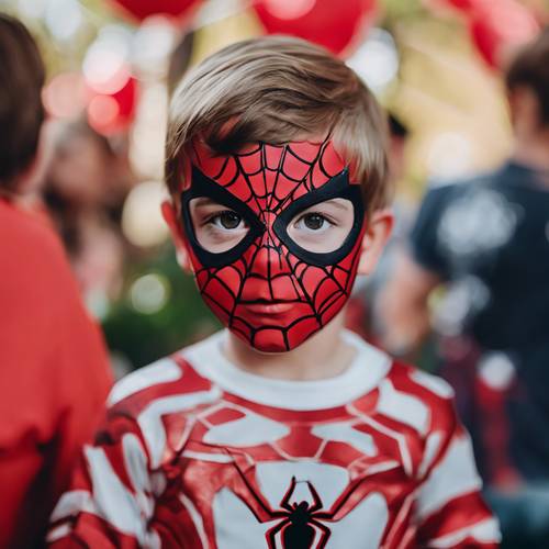 在一个超级英雄主题派对上，一个孩子的脸上画着蜘蛛侠的图案。