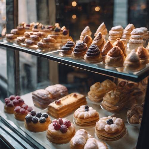 Classic French pastries displayed on the window of a bakery in Le Marais district of Paris.
