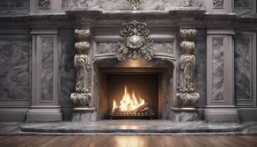 A grand fireplace made of ornate gray marble. Tapet [7200aa9d7dcd4101a9cf]