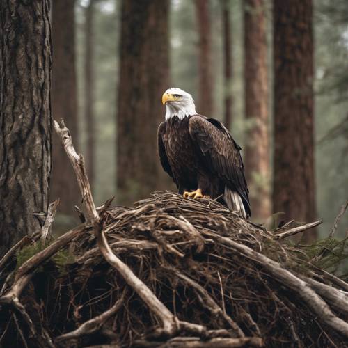 A lone bald eagle sitting on its nest made of large sticks, on top of the oldest tree in a dense forest.