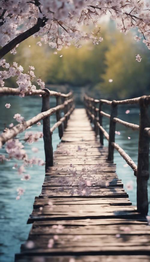 Niebieskie kwiaty wiśni spadające na rustykalny drewniany most przecinający spokojną rzekę.