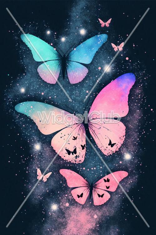 魔法の夜空に輝くカラフルな蝶々