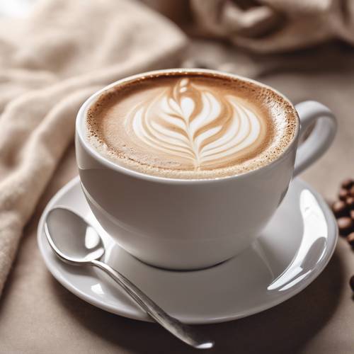 Um cappuccino quente com espuma bege clara em uma caneca de cerâmica branca