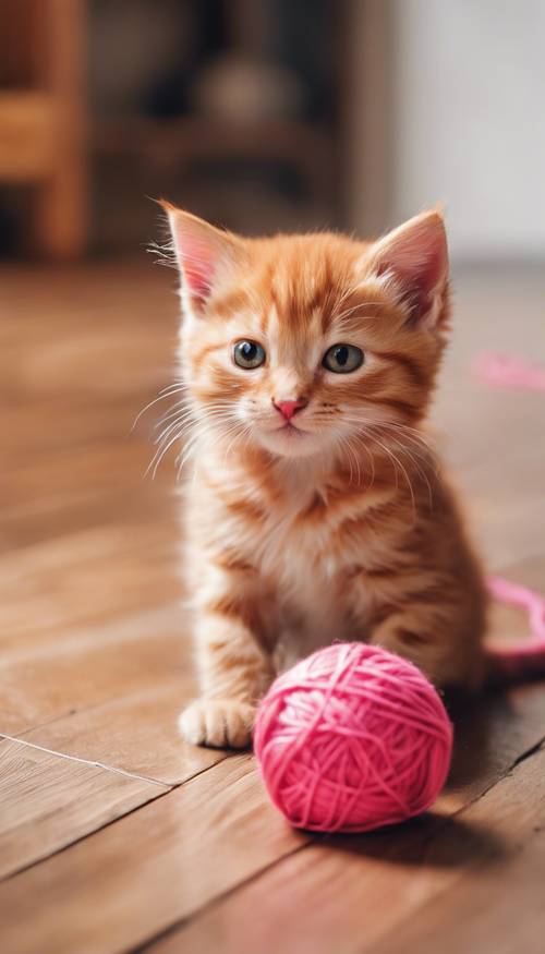 Un gattino arancione e giocoso che insegue un gomitolo di lana rosa acceso su un elegante pavimento in legno.