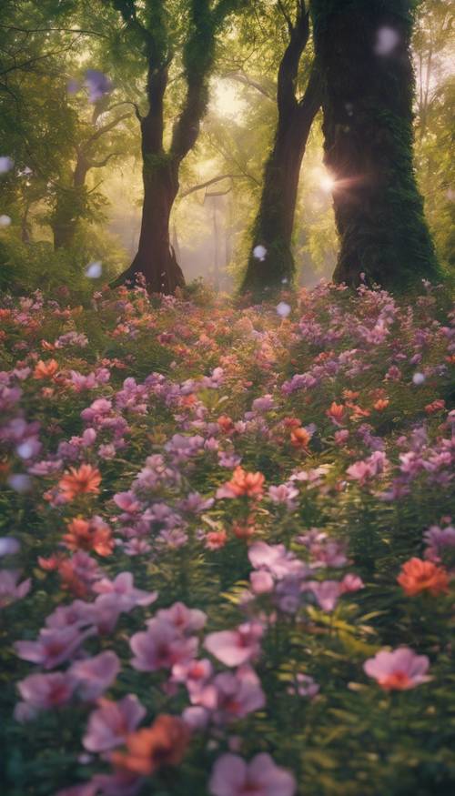 Un bosque mágico lleno de árboles que florecen con flores vibrantes y coloridas.