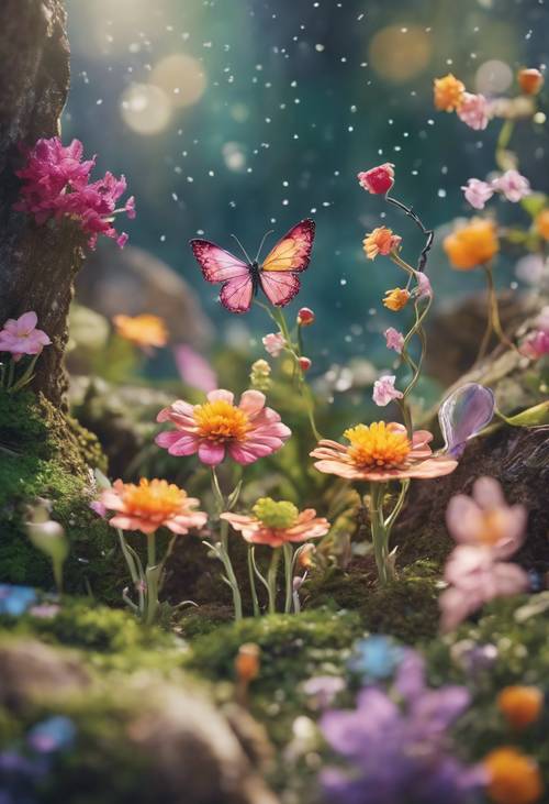A magical fairyland flourishing with bright, colorful spring flowers and fairies singing and dancing around.