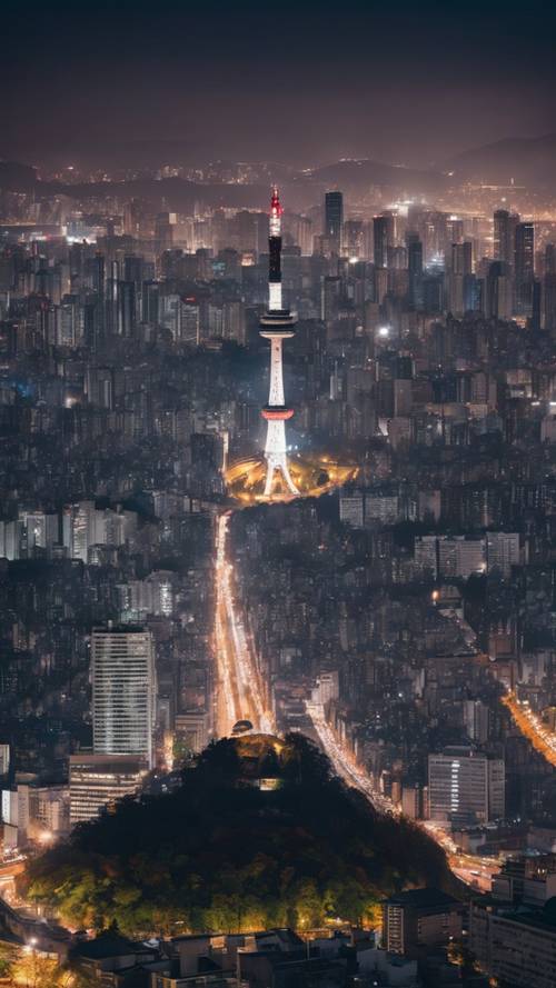 Cena noturna de Seul com a Torre Namsan de Seul bem iluminada, que fica na montanha iluminada na escuridão.