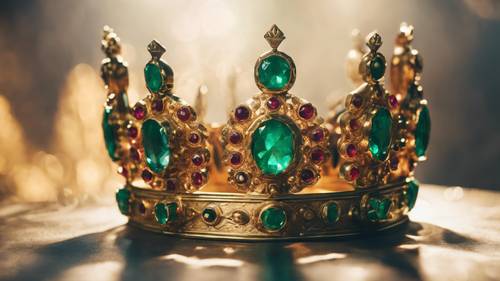 La corona dorada de un rey medieval tachonada de esmeraldas y rubíes.