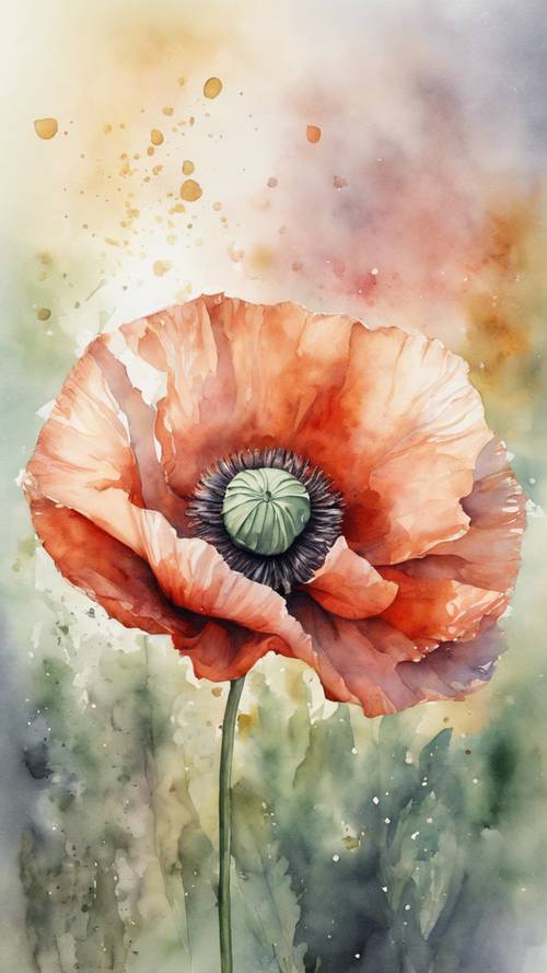 A mindful watercolor painting of a single poppy with delicate loose petals.