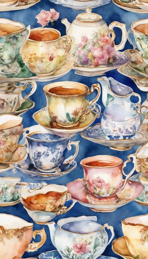 A detailed pattern of watercolor teacups and teapots.