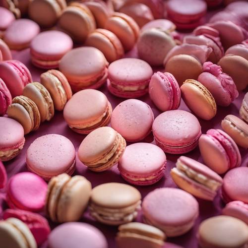 Foto close-up macaron merah muda yang disusun rapi dalam kotak mewah.