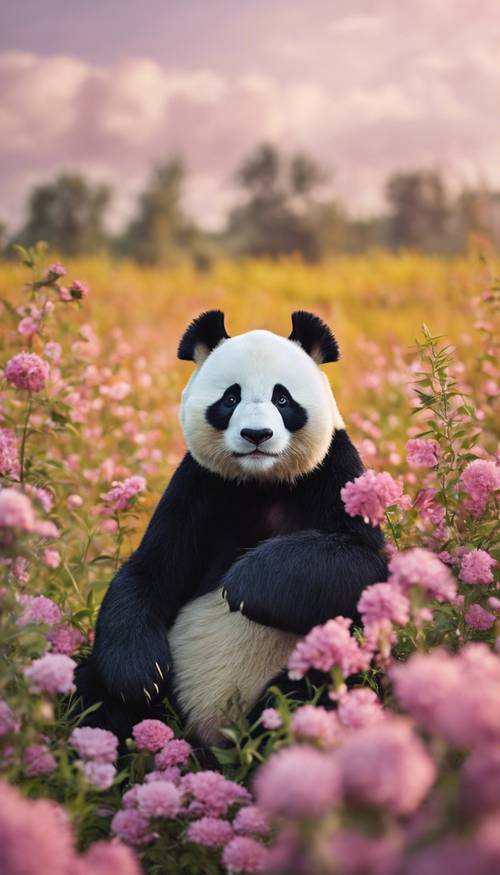 Um urso panda com olhos exageradamente grandes e bochechas rosadas, sentado feliz em um campo de lindas flores.