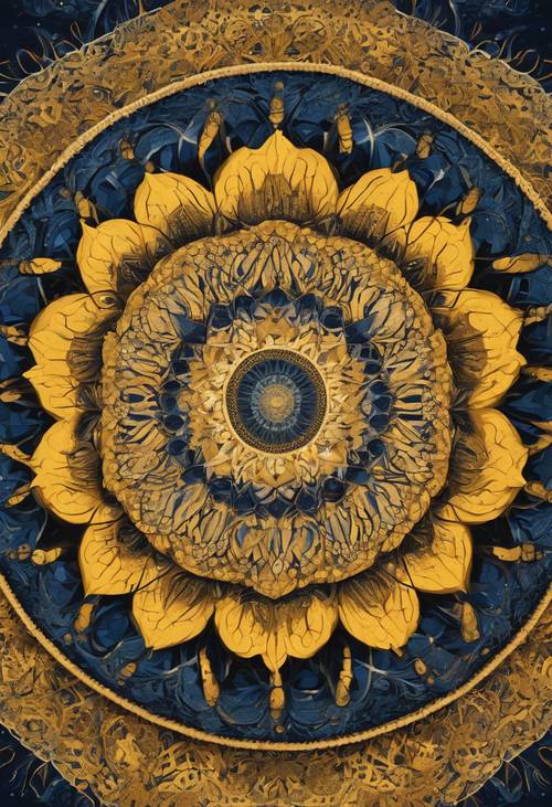 An intricate mandala pattern in shades of golden yellow and deep blue Tapeta [4346ef6212dd4576b5fa]