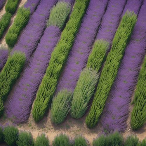 Pemandangan udara dari ladang lavender dengan garis-garis bunga ungu cerah dan dedaunan hijau menghijau.