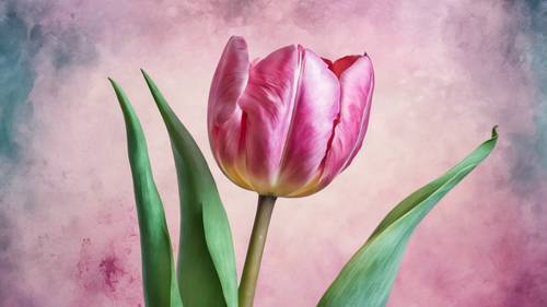 A still life of a cool pink tulip layered against a hand painted watercolor background.