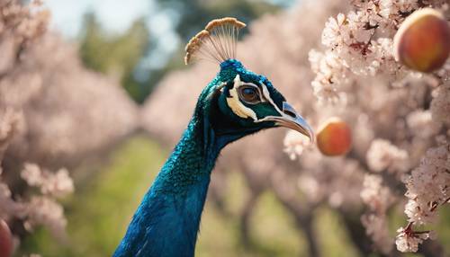 A young gold peacock with small plumes, exploring around a peach orchard.