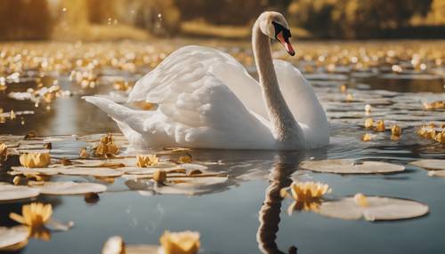 Un grazioso cigno che scivola dolcemente su un lago cristallino pieno di ninfee dorate in un maniero glamour.