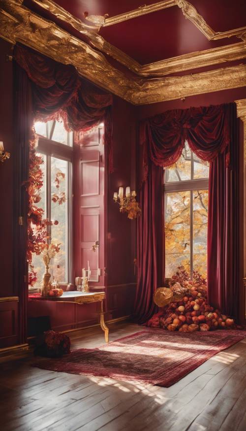 Una escena estética de una habitación intrincadamente decorada en burdeos y dorado, que muestra la alegría del otoño.