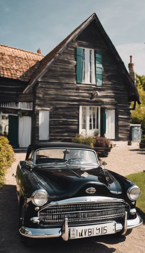 An old vintage black car parked in the driveway of a cottage during a sunny day.