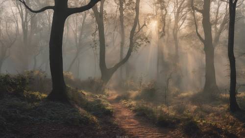 Una foresta nebbiosa all&#39;alba, con gli alberi che formano una citazione studiata se visti da una certa angolazione.