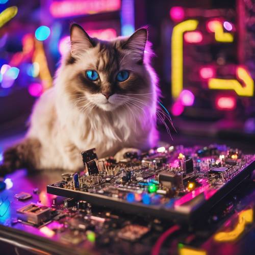 Um adorável gato ragdoll brincando com uma placa-mãe em uma sala cheia de letreiros de neon iluminados com tema dos anos 2000.