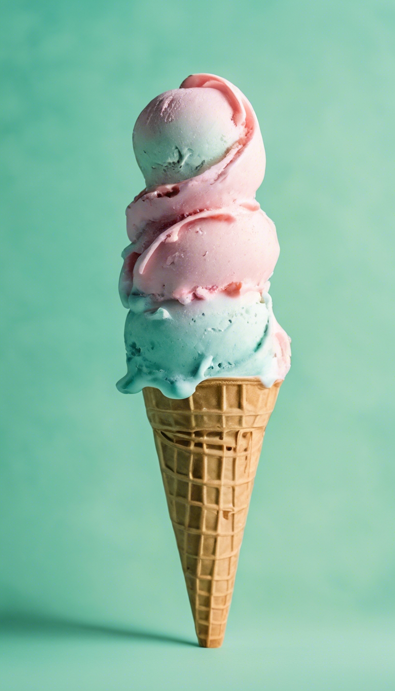 A watercolor painting of a pastel pink and blue ice cream cone against a light green background.壁紙[8204680e65a24c499087]
