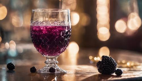A crystal goblet filled with sparkling blackberry juice.