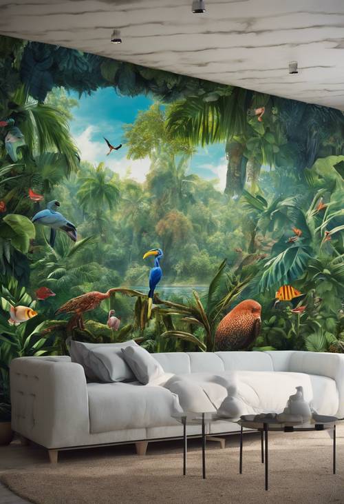 Художественная роспись, изображающая тропическую экосистему с разнообразной фауной и флорой.
