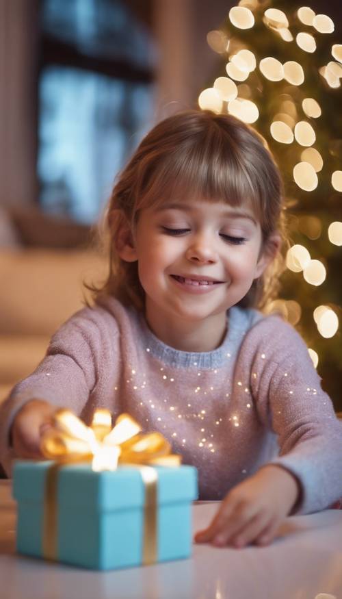 Una bambina che scarta un regalo di Natale color pastello, con l&#39;eccitazione che le illumina gli occhi.