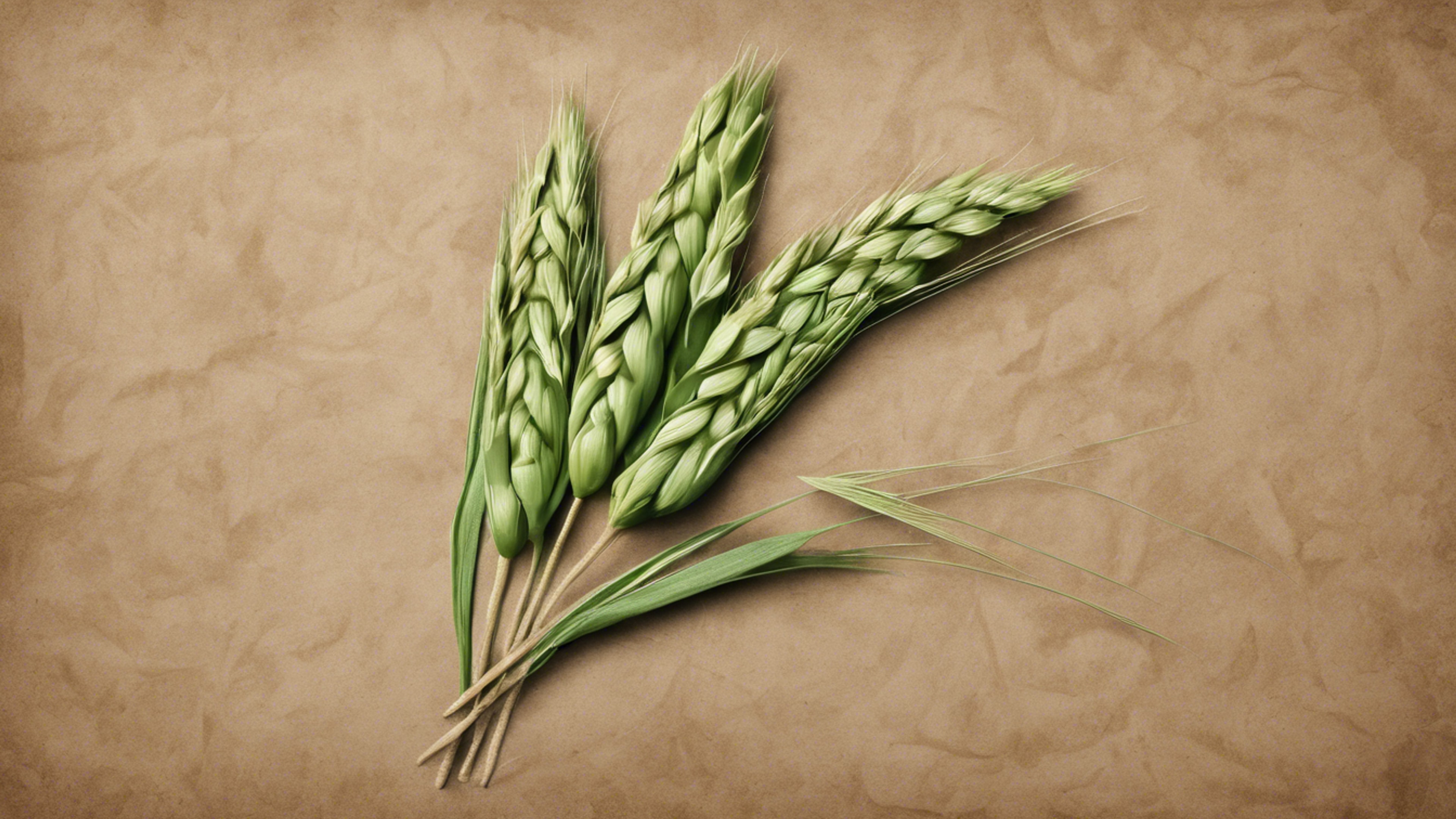 A detailed botanical illustration of a stalk of green wheat against an aged brown paper background.壁紙[958050ab552342b3bed0]