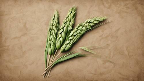 A detailed botanical illustration of a stalk of green wheat against an aged brown paper background.