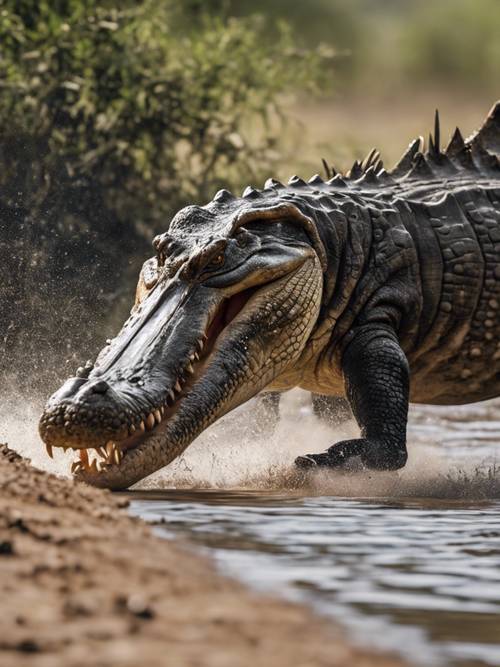 Ein Krokodil schnappt während der großen Migration ein Gnu am Flussufer.