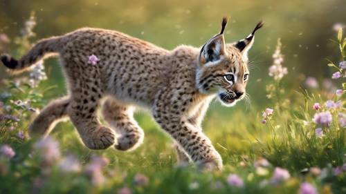 一幅充滿活力的插圖，描繪了一隻頑皮的小山貓在盛開的春天草地上騰躍。