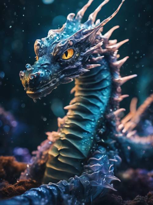Биолюминесцентный глубоководный дракон, плывущий по глубинам океана, освещая жизнь вокруг себя.