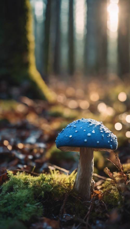 A lone blue mushroom standing tall on a mossy forest floor at sunrise.