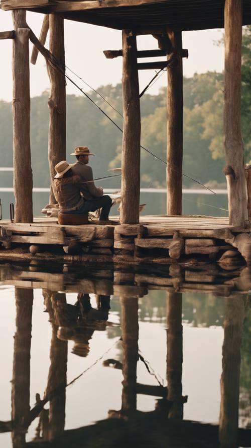 Um casal compartilhando um momento de reflexão tranquila em um cais rústico, com suas linhas de pesca descansando pacificamente no lago calmo