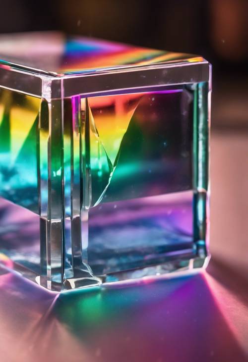 Um prisma de vidro sobre uma mesa dividindo um feixe de luz em um arco-íris neon.