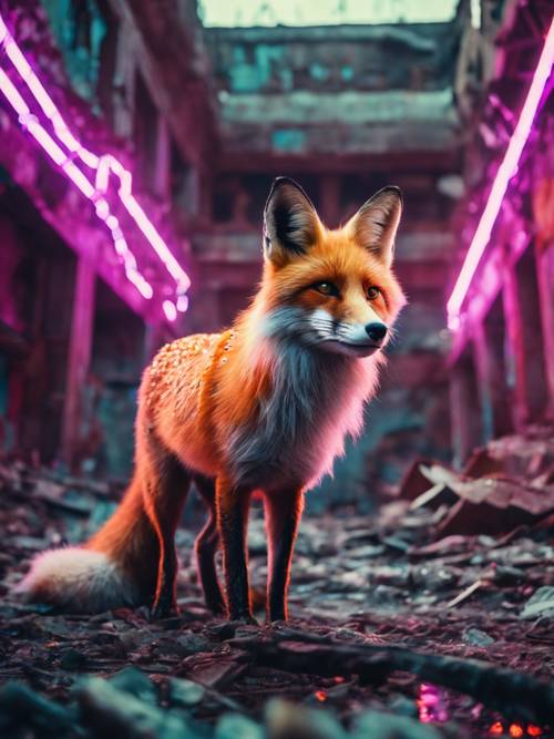 A mystical, two-tailed fox bathed in neon lights, exploring the ruins of a once bustling and grand techno-cityscape.