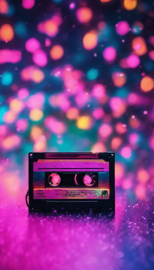 A cassette tape floating in a neon galaxy following vaporwave style. Tapeta [f1c89ac034744333a943]