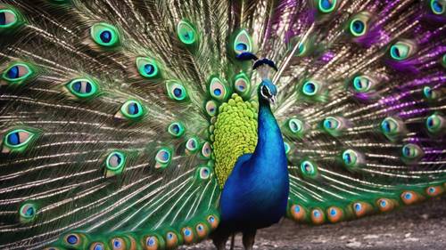 Burung merak dengan tampilan ekor yang megah, memadukan nuansa hijau dan ungu yang cerah.