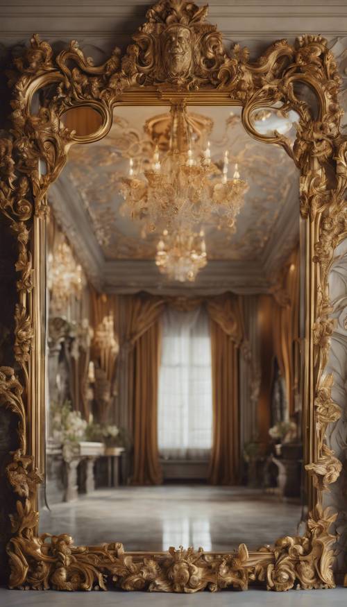 An elaborate antique mirror with detailed carvings and a golden finish, reflecting an opulent Renaissance room.